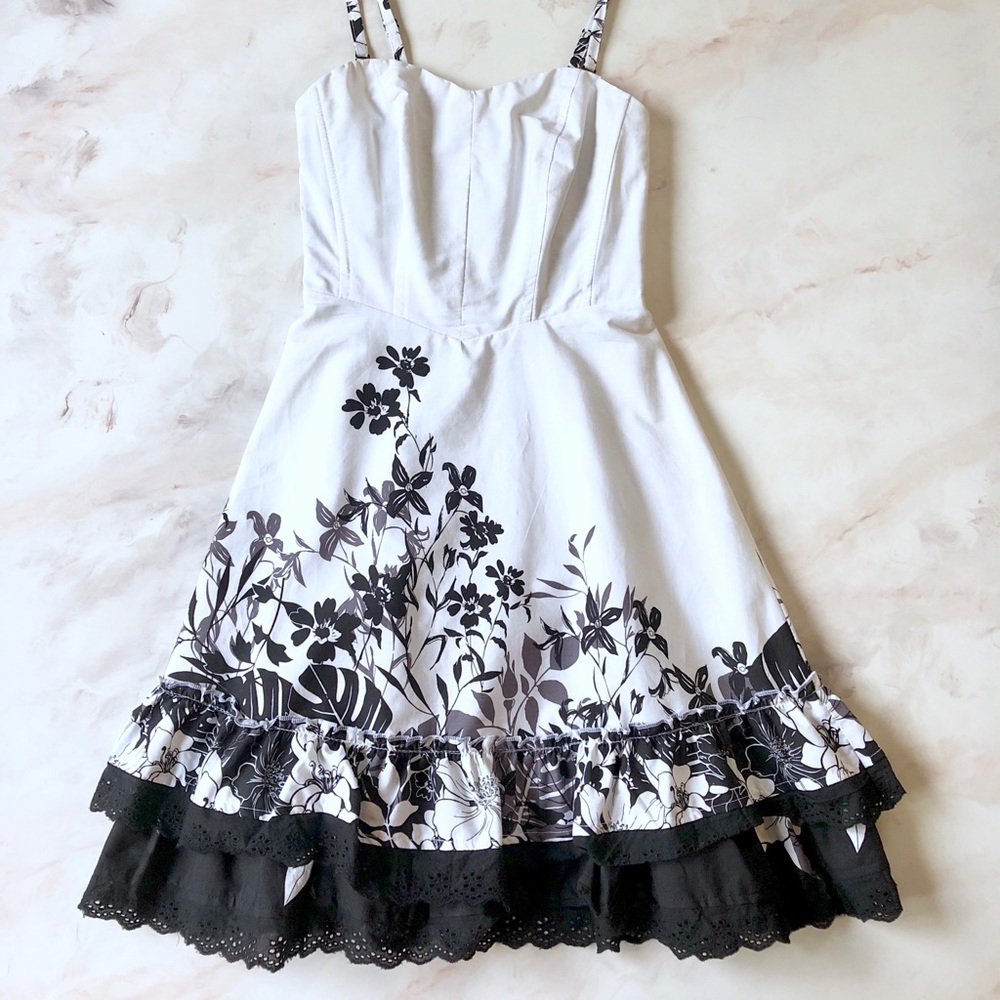 Black & White Floral A-Line Strapless Dress
